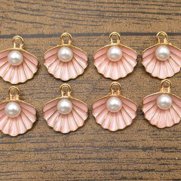 8 Perle in Oyster Shell Charms, rosa Emaille-RS1220