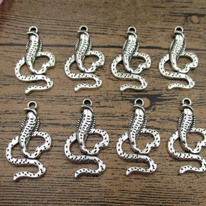 May include: Ten silver-toned snake charm pendants. Each pendant features a detailed snake design with a coiled body and a raised head.
