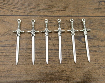 6 Sword Charms,Antique Silver Tone 2 Sided-RS1333