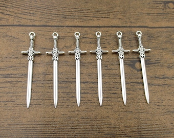 6 Sword Charms,Antique Silver Tone 2 Sided-RS1333