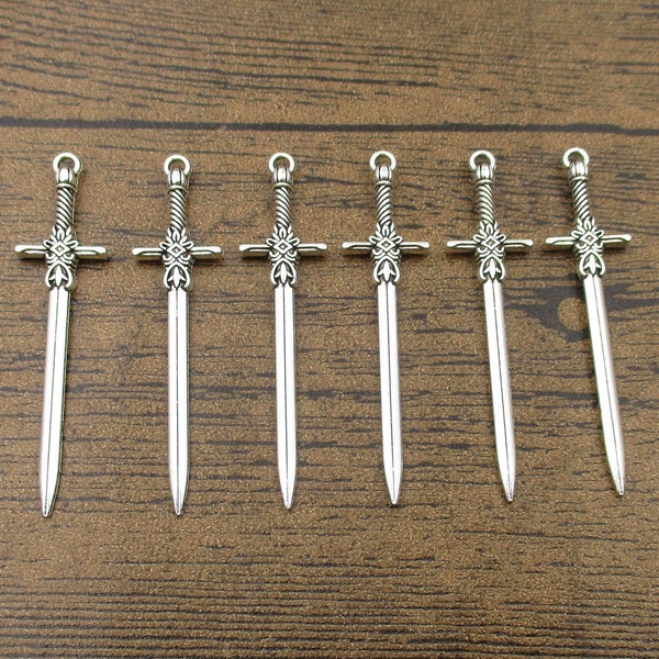 6 Sword Charms,Antique Silver Tone 2 Sided-RS1333