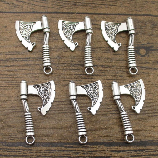 6 Big Axe Charms,Antique Silver Tone,Double Sided-RS1255