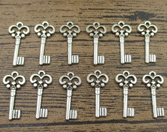 50 Key Charms, Antique Silver Tone-RS079