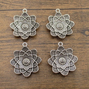 4 Big Lotus Flower Charms,Antique Silver Tone-RS1279