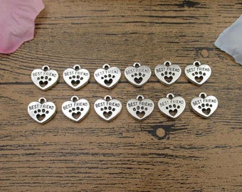 12 Heart Charms Best Friends Antique Silver Tone,Double Sided-RS753