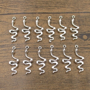May include: A set of 18 silver snake charms. The charms are all the same design, with a simple, coiled snake shape. They are perfect for adding a touch of whimsy to jewellery or crafts.