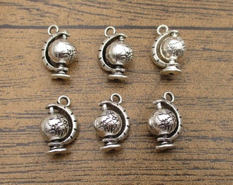 6 Rotatable Globe Charms,Antique Silver Tone,3D Charms-RS1281