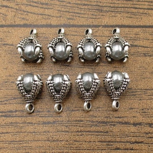 8 Silver Claw Charms with Gray Pearls-RS1197