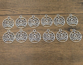 12 Lotus Flower Charms,Antique Silver Tone-RS1113