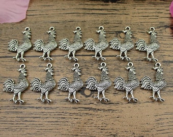50 Antique Silver Rooster Charms: Double Sided (19 mm x 30 mm)