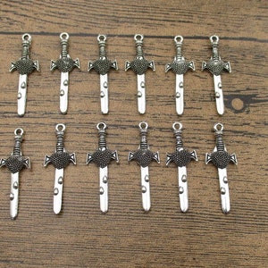 12 Sword Charms,Antique Silver Tone, Double Sided-RS969