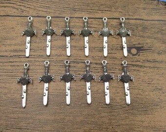 12 breloques épée, ton argent vieilli, recto-verso-RS969
