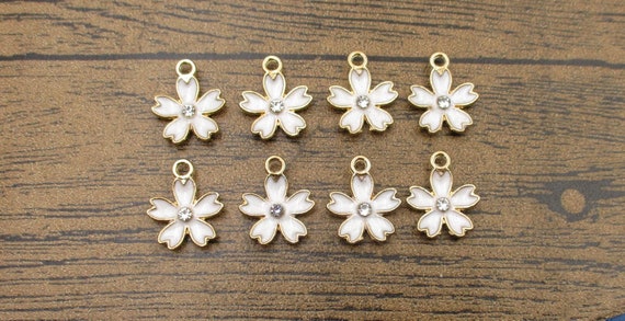 8 Sakura Charms,white Plated Enamel With a Diamond-rs965 - Etsy