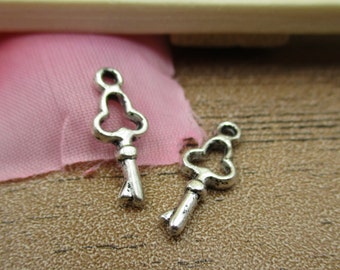 50 Little Key Charms, Antique Silver Tone,Double Sided-RS276