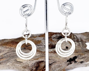 Sterling silver earrings - silver drop earrings - recycled silver earrings - gifts under 80 - circle earrings - hammered silver earrings