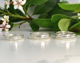 Sterling silver stacking ring set, silver stackers, eco rings, recycled silver rings, textured rings, silver twist rings,