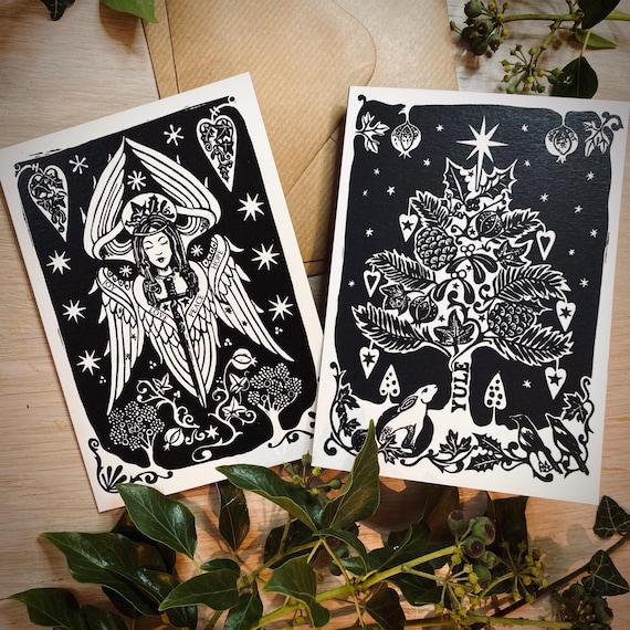 Yule Tree & Angel Christmas Cards: Pack of 10 - 300gsm card with Kraft envelopes
