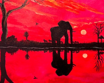 May include: A painting of a silhouette of an elephant standing in a lake with a red sunset in the background. The elephant's reflection is visible in the water.