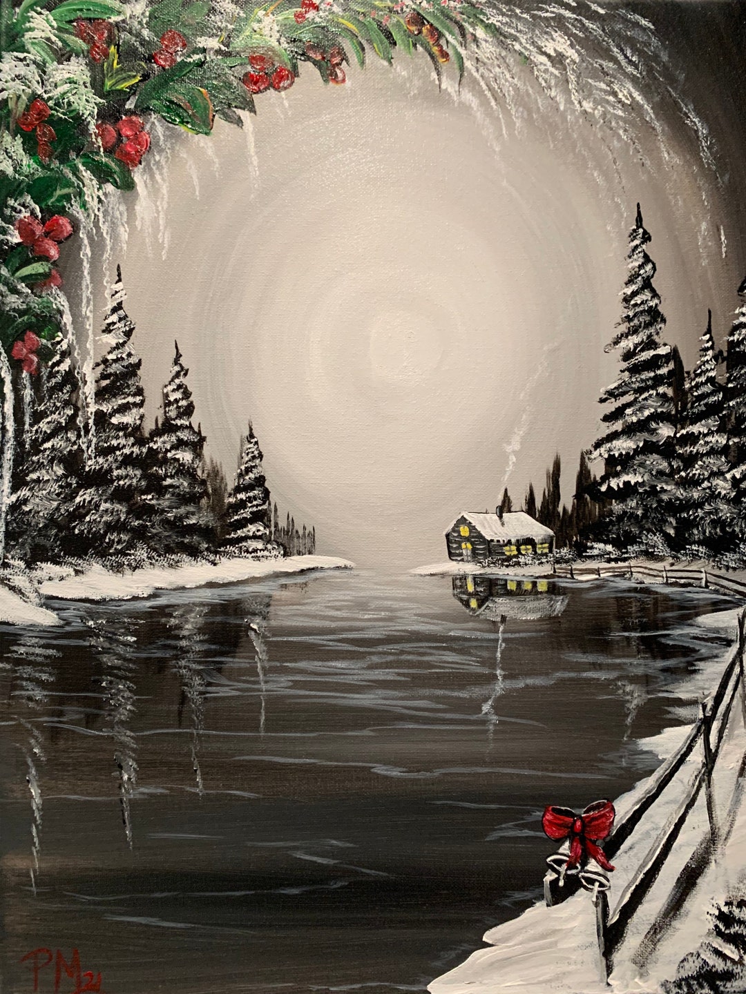 Winter Cabin Acrylic Painting on Canvas (16x20) - Etsy
