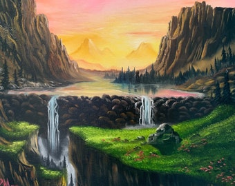 May include: A painting depicting a mountainous landscape with a lake and two waterfalls. The sky is a vibrant orange and pink, and the mountains are a dark brown. The lake is a light blue, and the waterfalls are white. The painting is executed in a realistic style.