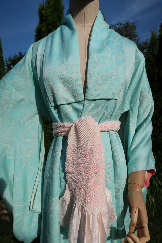 Beautiful turquoise silk vintage kimono with Shibo