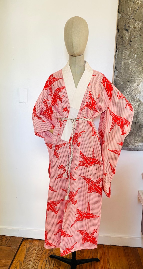 Red and white faux Shibori vintage kimono juban - image 4