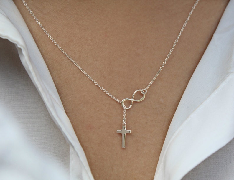 925 Sterling Silver cross necklace Small Infinity Cross Lariat necklace Infinity cross lariat Y necklace Cross Necklace