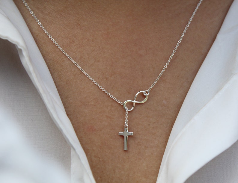 925 Sterling Silver cross necklace Small Infinity Cross Lariat necklace Infinity cross lariat Y necklace Cross Necklace