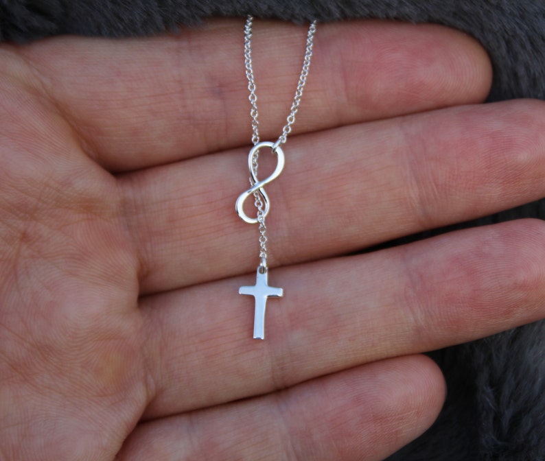 925 Sterling Silver cross necklace Small Infinity Cross Lariat necklace Infinity cross lariat Y necklace Cross Necklace