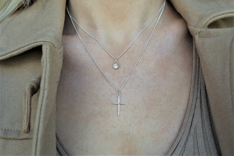 Silver Cross Necklace Set CZ Stone Cross Pendant necklace Layering Necklaces Simple Minimal Everyday wear Jewelry
