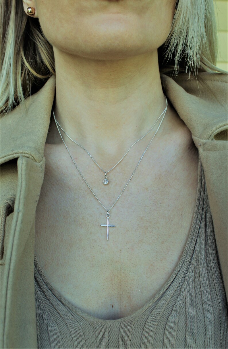 Silver Cross Necklace Set CZ Stone Cross Pendant necklace Layering Necklaces Simple Minimal Everyday wear Jewelry