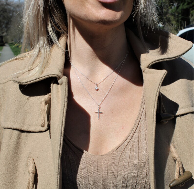 Silver Cross Necklace Set CZ Stone Cross Pendant necklace Layering Necklaces Simple Minimal Everyday wear Jewelry