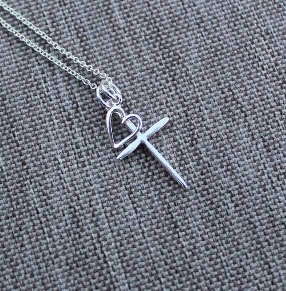 Cross necklace / Love Heart Cross Silver pendant necklace / Etsy