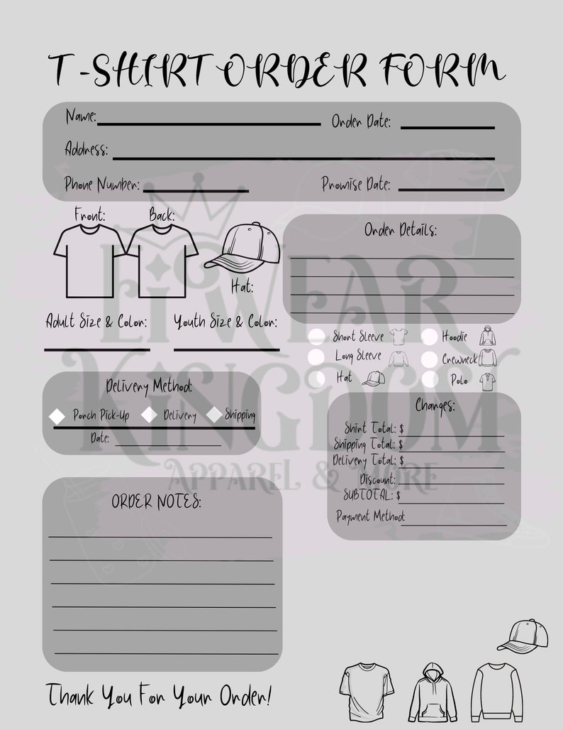 Detailed T-shirt Order Form Digital - Etsy