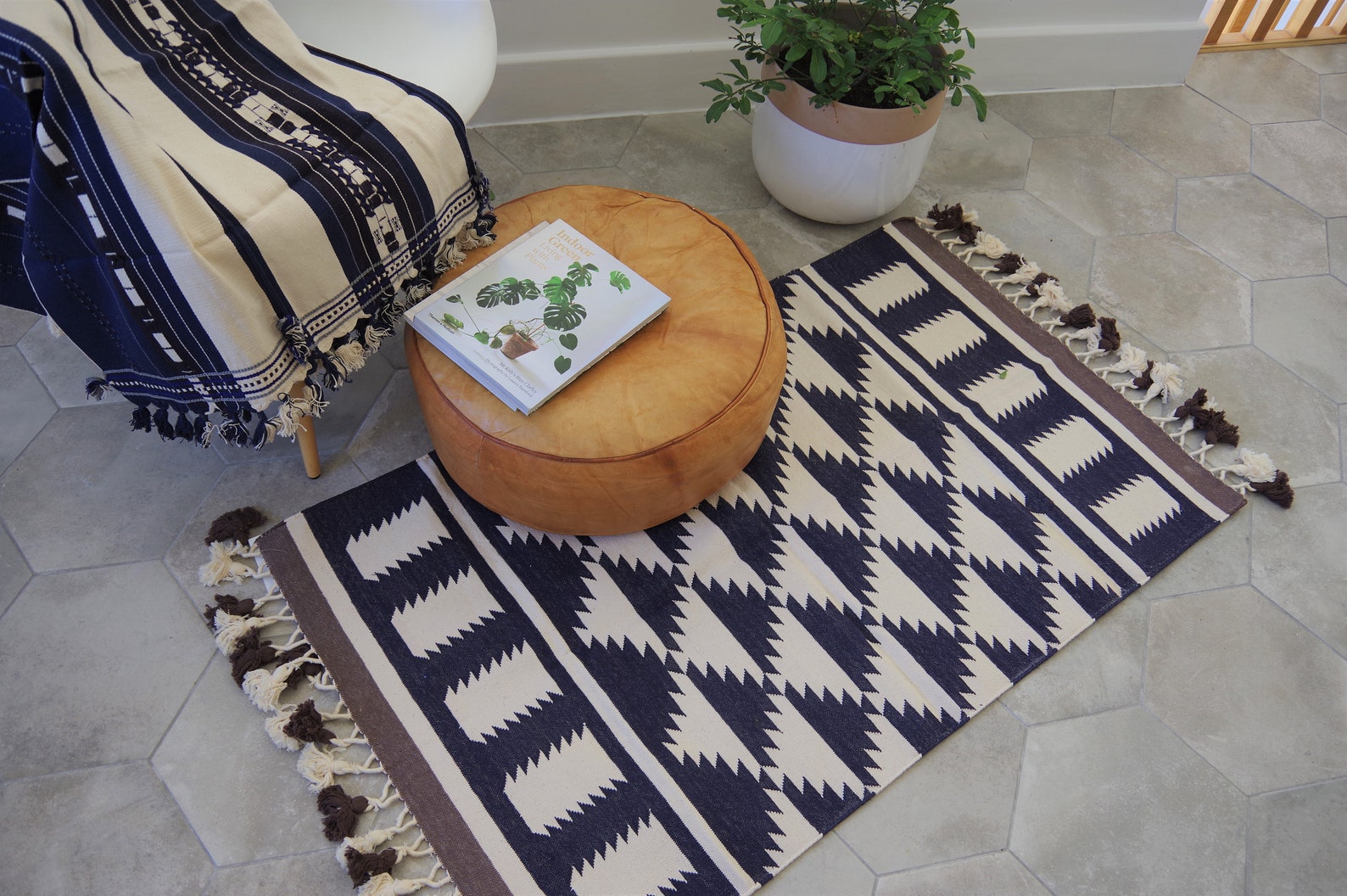 Handwoven navy and offwhite rug with tassles and triangle Etsy