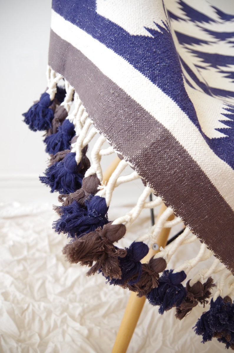 Handwoven navy and offwhite rug with tassles and triangle Etsy