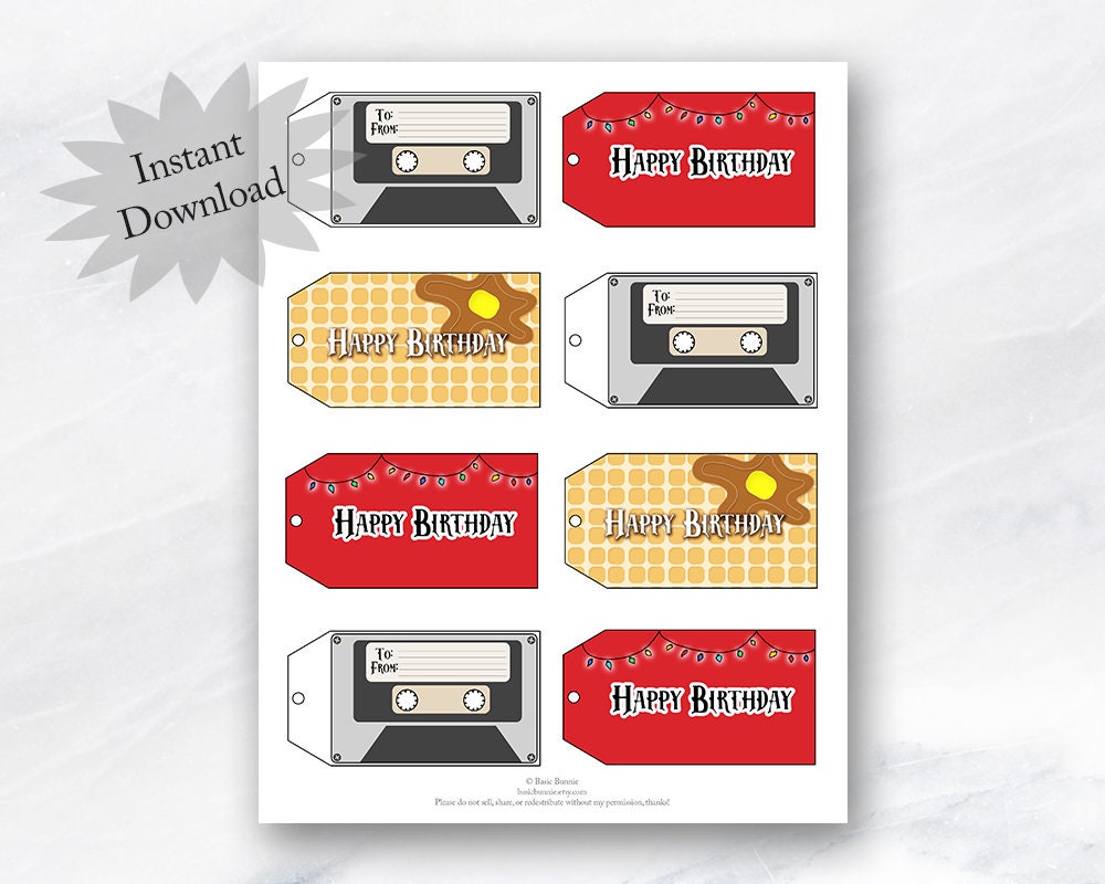 Stranger Things-Birthday Gift Tags-Printable-Birthday Gift Labels-Digital Download-Gifts For Friends-Waffles-Cassettes-Christmas Lights-80's