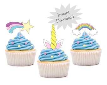 Unicorn Cupcake Toppers-Printable-Instant Download-Birthday Party-Rainbow-Shooting Star