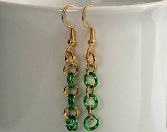 Earrings, green and gold chainmail