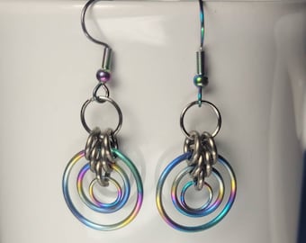 Earrings, rainbow circle chainmaille