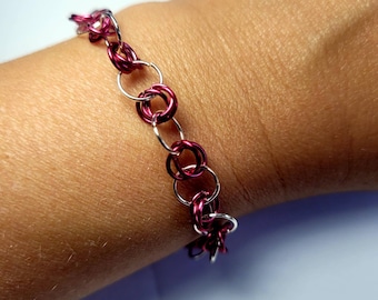 Bracelet, pink and silver chainmail