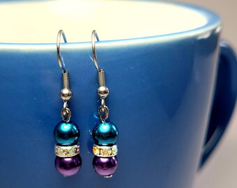 Earrings, blue and purple beads with silver diamond spacers, dangle stainless steel earring