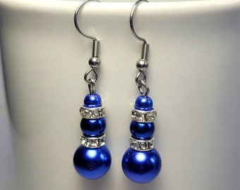 Earrings, blue beads with silver diamond spacers, dangle stainless steel earring
