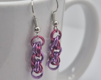 Spiral pink and purple chainmail earrings