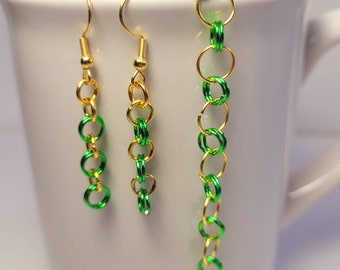 bracelet and earring set, green and gold chain mail, chainmaille