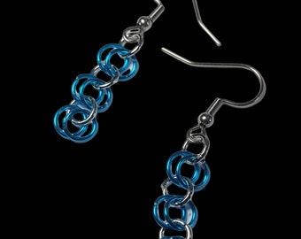 Earrings, blue and silver chainmail