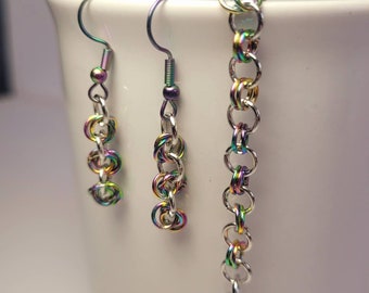 Bracelet and earring set, multichrome, rainbow stainless steel chainmail