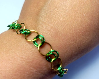 Bracelet, green and gold chainmail