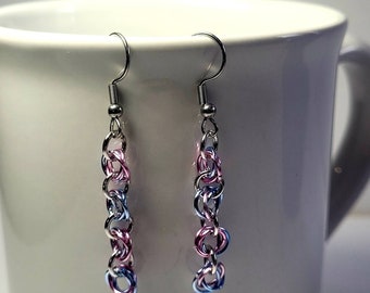 Earrings, light pink, light blue and silver chainmail