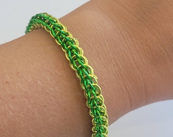 Bracelet, green and gold chainmail bracelet